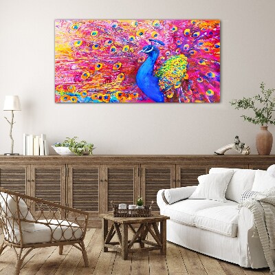 Colorful peacock in spring glow Glass Wall Art
