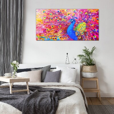 Colorful peacock in spring glow Glass Wall Art