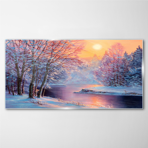 Winter landscape at sunrise Glass Wall Art