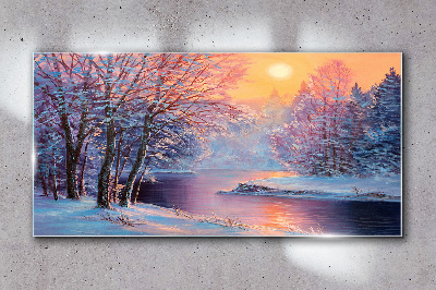 Winter landscape at sunrise Glass Wall Art