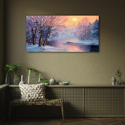 Winter landscape at sunrise Glass Wall Art