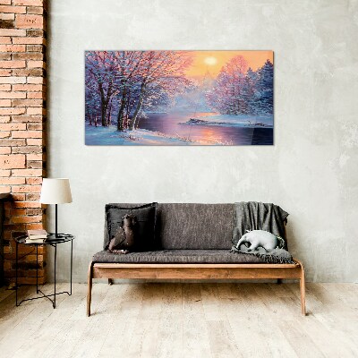 Winter landscape at sunrise Glass Wall Art