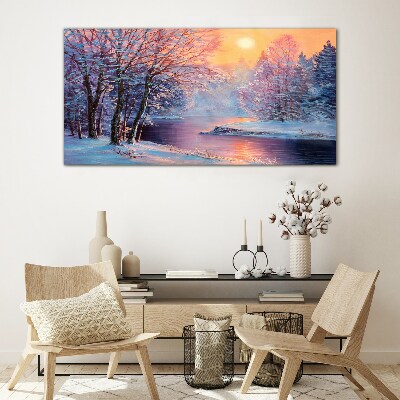 Winter landscape at sunrise Glass Wall Art
