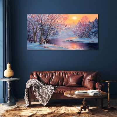 Winter landscape at sunrise Glass Wall Art
