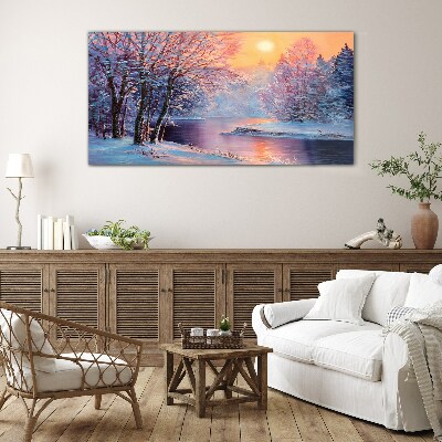 Winter landscape at sunrise Glass Wall Art