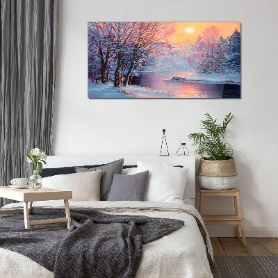 Winter landscape at sunrise Glass Wall Art