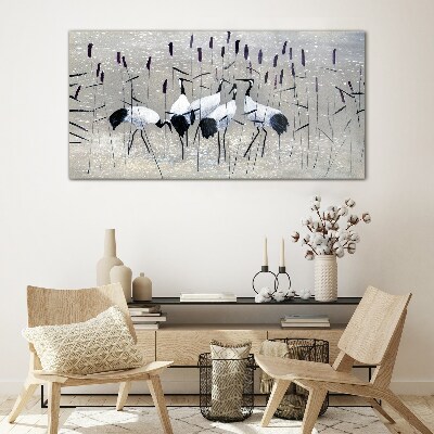 White cranes in the reeds Glass Wall Art