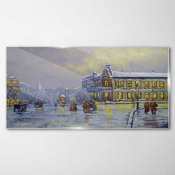 Winter evening in the city Glass Wall Art
