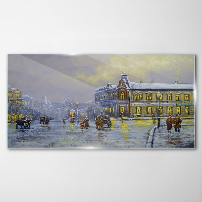 Winter evening in the city Glass Wall Art
