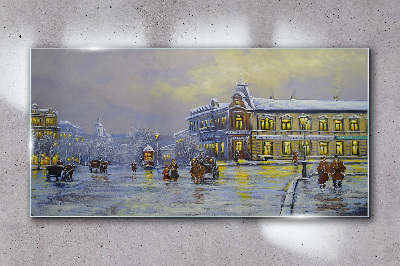 Winter evening in the city Glass Wall Art