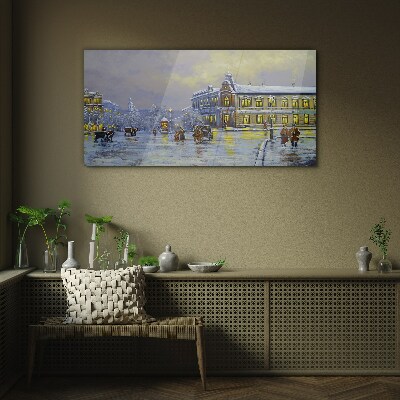 Winter evening in the city Glass Wall Art