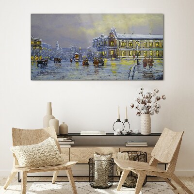 Winter evening in the city Glass Wall Art