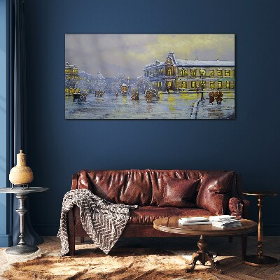 Winter evening in the city Glass Wall Art