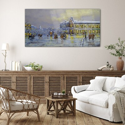 Winter evening in the city Glass Wall Art
