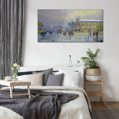 Winter evening in the city Glass Wall Art