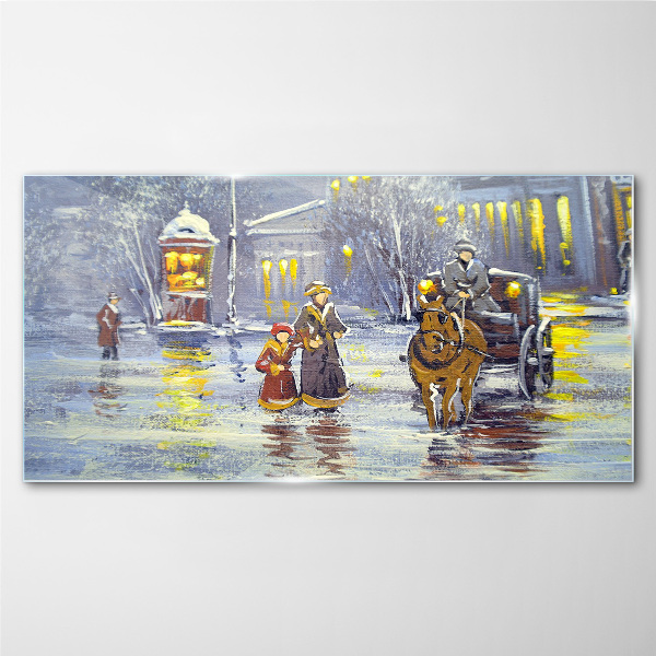 Winter evening in the city Glass Wall Art