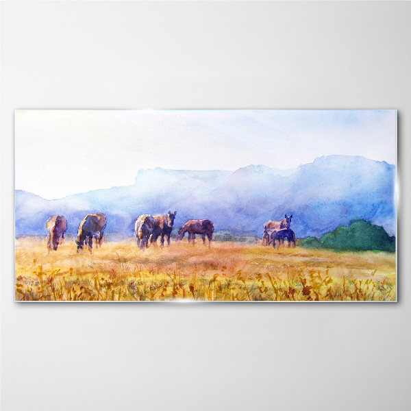 A large herd of horses in the meadow Glass Wall Art