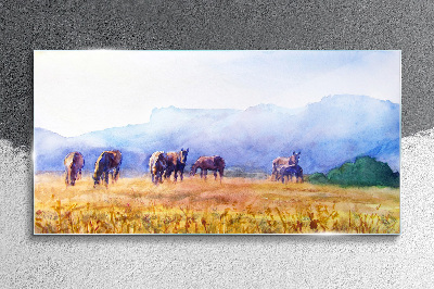 A large herd of horses in the meadow Glass Wall Art