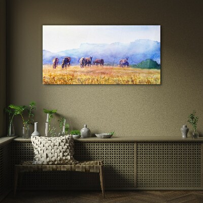 A large herd of horses in the meadow Glass Wall Art