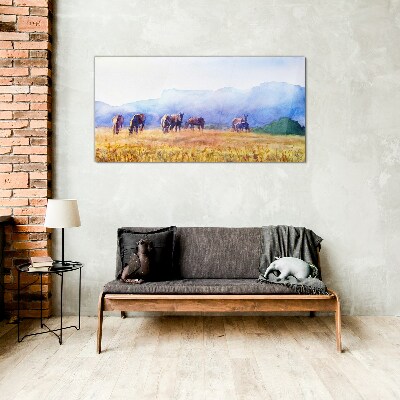 A large herd of horses in the meadow Glass Wall Art