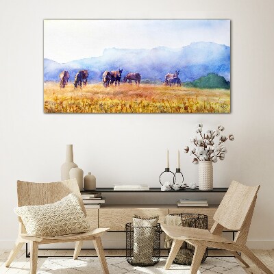 A large herd of horses in the meadow Glass Wall Art