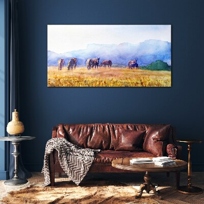 A large herd of horses in the meadow Glass Wall Art