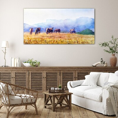 A large herd of horses in the meadow Glass Wall Art