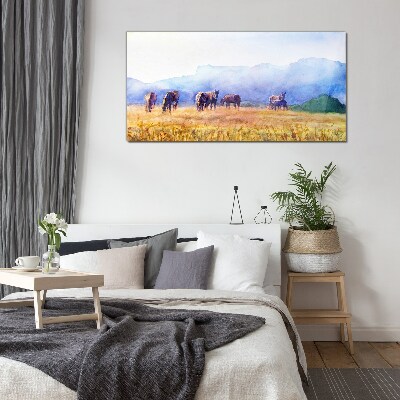 A large herd of horses in the meadow Glass Wall Art