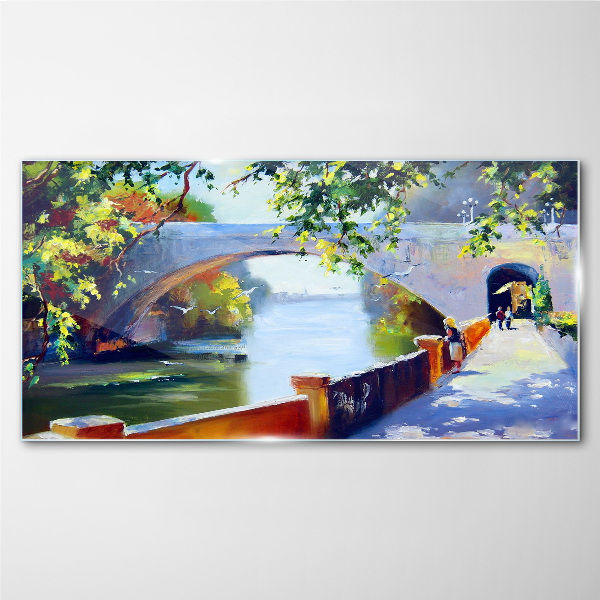 Bridge in the sunny park Glass Wall Art