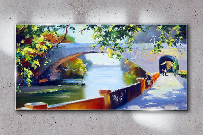 Bridge in the sunny park Glass Wall Art