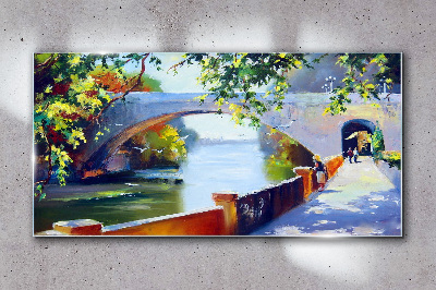 Tree river bridge Glass Wall Art