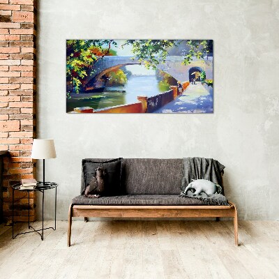 Bridge in the sunny park Glass Wall Art