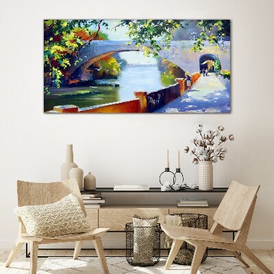 Bridge in the sunny park Glass Wall Art