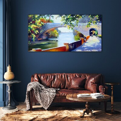 Bridge in the sunny park Glass Wall Art
