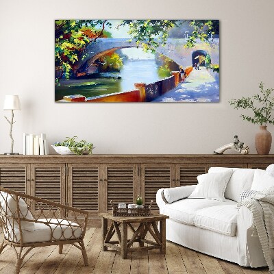 Bridge in the sunny park Glass Wall Art
