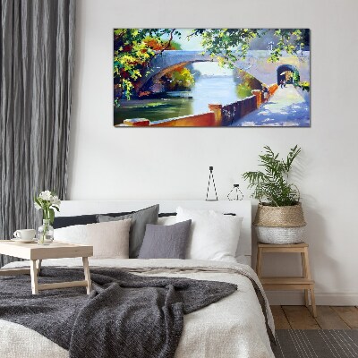 Bridge in the sunny park Glass Wall Art