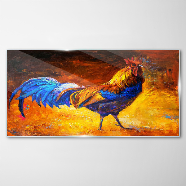Colorful rooster against the background of fire Glass Wall Art
