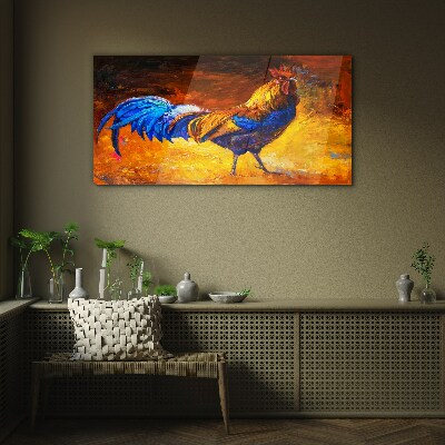 Colorful rooster against the background of fire Glass Wall Art