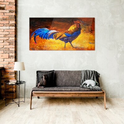 Colorful rooster against the background of fire Glass Wall Art