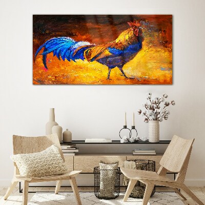 Colorful rooster against the background of fire Glass Wall Art
