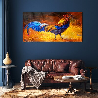 Colorful rooster against the background of fire Glass Wall Art