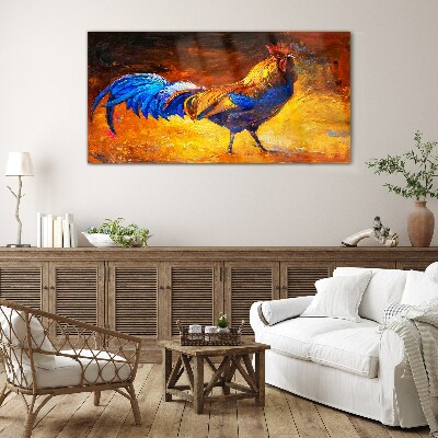 Colorful rooster against the background of fire Glass Wall Art