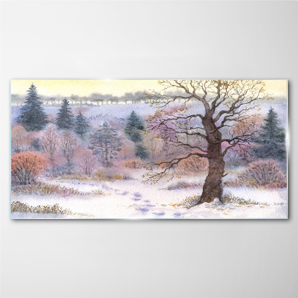 Winter landscape with a lonely tree Glass Wall Art