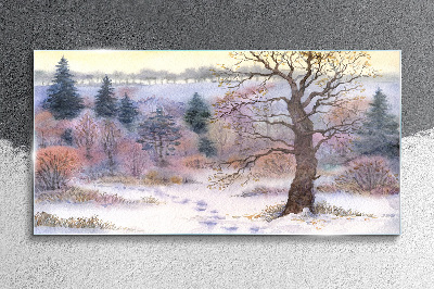 Winter landscape with a lonely tree Glass Wall Art