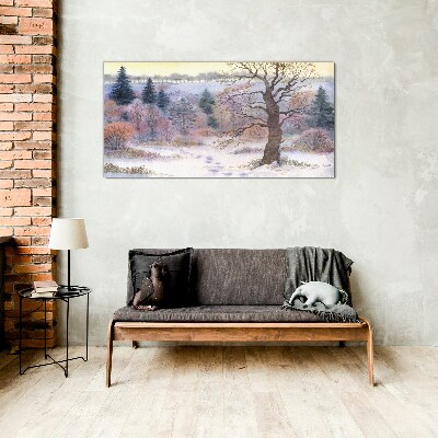 Winter landscape with a lonely tree Glass Wall Art