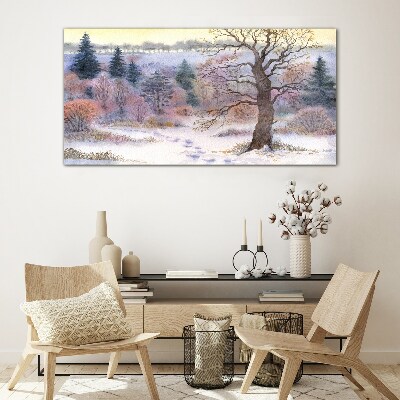 Winter landscape with a lonely tree Glass Wall Art