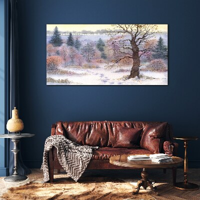 Winter landscape with a lonely tree Glass Wall Art