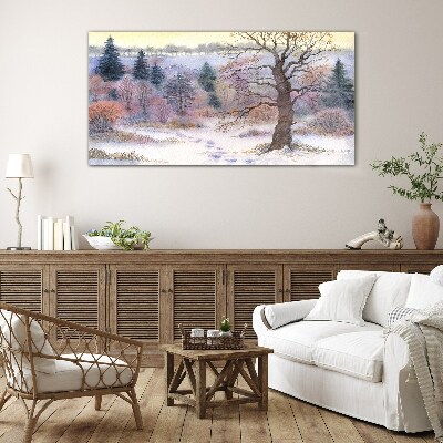 Winter landscape with a lonely tree Glass Wall Art
