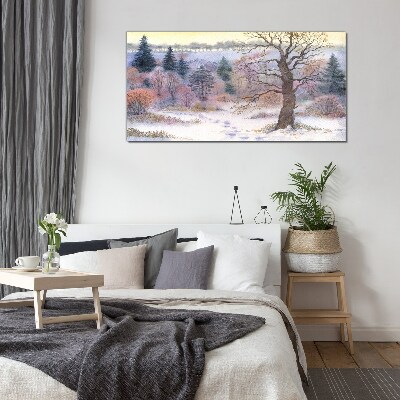 Winter landscape with a lonely tree Glass Wall Art