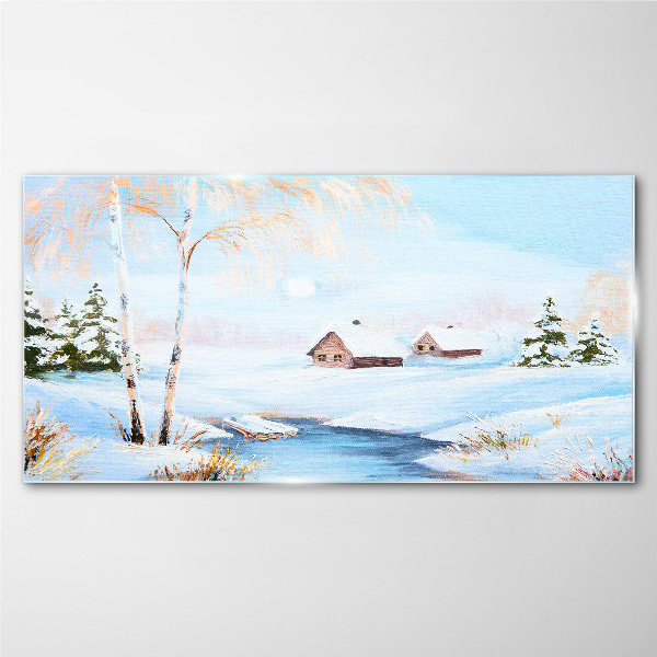 Winter landscape with houses in the snow Glass Wall Art